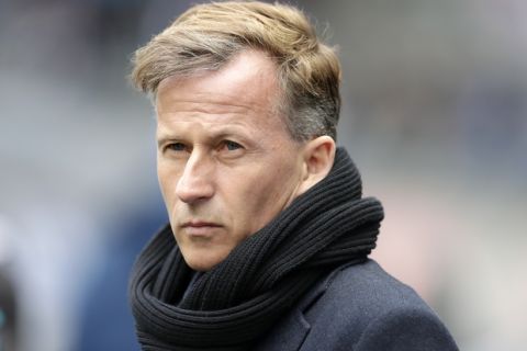File - In this Saturday, April 22, 2017 photo Wolfsburg's head coach Andries Jonker attends the team's warm up prior to the German Bundesliga soccer match between Hertha BSC Berlin and VfL Wolfsburg in Berlin, Germany. Jonker has been dismissed as head coach of VfL Wolfsburg on Monday. (AP Photo/Michael Sohn)