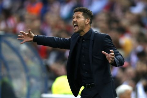 Atletico's head coach Diego Simeone gestures during the Champions League quarterfinal first leg soccer match between Atletico Madrid and Leicester City at the Vicente Calderon stadium in Madrid, Wednesday, April 12, 2017. (AP Photo/Francisco Seco)