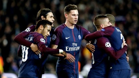 PSG's Marco Verratti, 2nd right, celebrates after scoring the opening goal with his teammates Kylian Mbappe, right, Julian Draxler, center, Edinson Cavani, 2nd left, and Neymar during a Champions League Group B soccer match between Paris Saint-Germain and Anderlecht at Parc des Princes stadium in Paris, France, Tuesday, Oct. 31, 2017. (AP Photo/Thibault Camus)