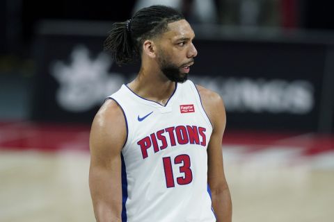Detroit Pistons center Jahlil Okafor plays during the second half of an NBA basketball game, Friday, May 14, 2021, in Detroit. (AP Photo/Carlos Osorio)