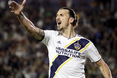 LA Galaxy forward Zlatan Ibrahimovic reacts after his goal was disallowed during the second half of an MLS soccer match against the New York Red Bulls, Saturday, April 28, 2018, in Carson, Calif. The Red Bulls won 3-2. (AP Photo/Chris Carlson)
