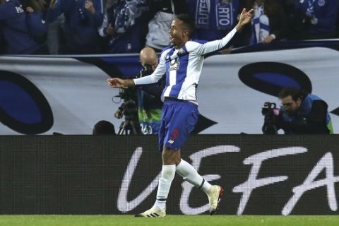 Porto defender Eder Militao celebrates after scoring the opening goal during the Champions League group D soccer match between FC Porto and FC Schalke 04 at the Dragao stadium in Porto, Portugal, Wednesday, Nov. 28, 2018. (AP Photo/Manuel Araujo)