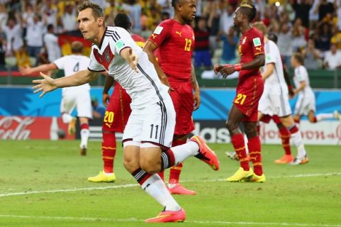 FORTALEZA, BRAZIL - JUNE 21:  Miroslav Klose of Germany celebrates scoring his team's second goal during the 2014 FIFA World Cup Brazil Group G match between Germany and Ghana at Castelao on June 21, 2014 in Fortaleza, Brazil.  (Photo by Martin Rose/Getty Images)