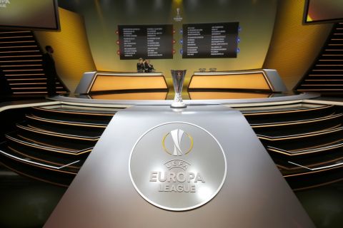 The Europa League trophy and final draw are displayed, after the Europa League draw ceremony of the first round of the 2016/2017 Europa League, at the Grimaldi Forum, in Monaco, Friday, Aug. 26, 2016. (AP Photo/Claude Paris)