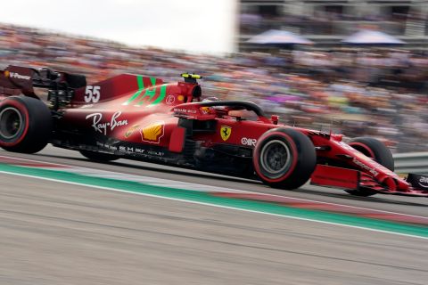 Ferrari driver Carlos Sainz, of Spain, steers through a turn during the final practice for the Formula One U.S. Grand Prix auto race at the Circuit of the Americas, Saturday, Oct. 23, 2021, in Austin, Texas. (AP Photo/Eric Gay)