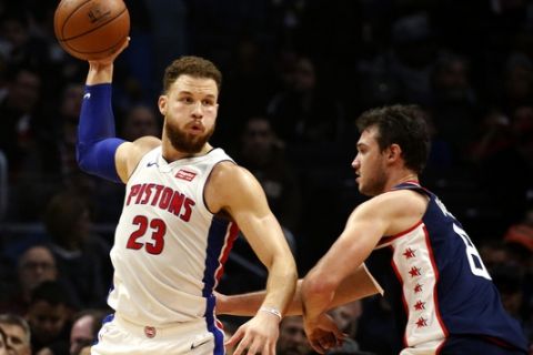 Detroit Pistons' Blake Griffin (23) is defended by Los Angeles Clippers' Danilo Gallinari (8) during an NBA basketball game between Los Angeles Clippers and Detroit Pistons Saturday, Jan. 12, 2019, in Los Angeles. The Pistons won 109-104. (AP Photo/Ringo H.W. Chiu)