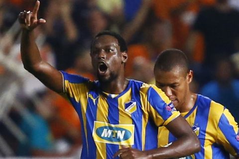 NICOSIA, CYPRUS - AUGUST 26:  Vinicius from Apoel Nicosia celebrates after scoring a goal during the  match between  Aalborg BK and Apoel Nicosia on August 26, 2014 in Nicosia, Cyprus.  (Photo by Andrew Caballero-Reynolds/Getty Images)