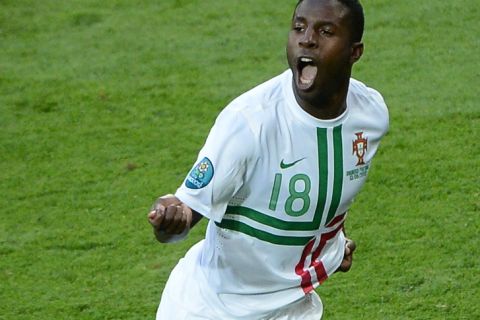 Portuguese forward Silvestre Varela celebrates after scoring during the Euro 2012 championships football match Denmark vs Portugal on June 13, 2012 at the Arena Lviv.               AFP PHOTO / ANNE-CHRISTINE POUJOULAT        (Photo credit should read ANNE-CHRISTINE POUJOULAT/AFP/GettyImages)