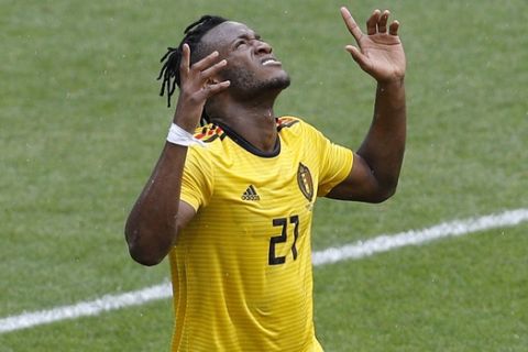 Belgium's Michy Batshuayi scores his side's fifth goal against Tunisia during the group G match between Belgium and Tunisia at the 2018 soccer World Cup in the Spartak Stadium in Moscow, Russia, Saturday, June 23, 2018. (AP Photo/Victor Caivano)