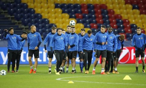 Basel players attend a training session ahead of the Champions League soccer match between CSKA Moscow and Basel in Moscow, Russia, Tuesday, Oct. 17, 2017. (AP Photo/Alexander Zemlianichenko)
