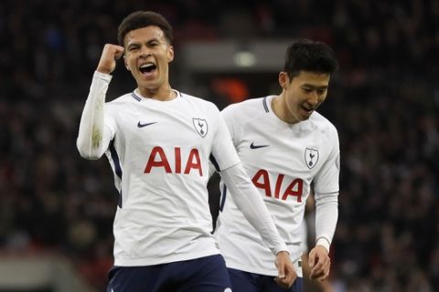Tottenham's Dele Alli celebrates scoring a goal during the English Premier League soccer match between Tottenham Hotspur and Watford at Wembley stadium in London, Monday, April 30, 2018. (AP Photo/Kirsty Wigglesworth)