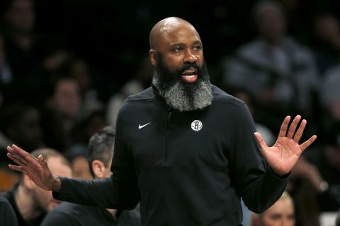 Brooklyn Nets head coach Jacque Vaughn works the sideline during the first half of an NBA basketball game against the Golden State Warriors, Monday, Feb. 5, 2024, in New York. (AP Photo/John Munson)