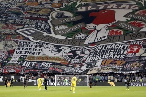 Frankfurt's supports display a giant banner during a Uefa Europa League, first leg semifinal soccer match between Eintracht Frankfurt and FC Chelsea in the Commerzbank Arena in Frankfurt, Germany, Thursday, May 2, 2019. (AP Photo/Michael Probst)