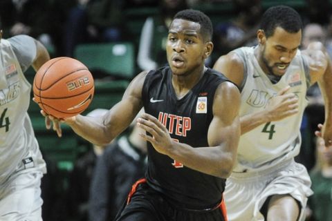 UTEP guard Dominic Artis (1) pushes the ball up the floor against UAB during an NCAA college basketball game, Saturday, Jan. 9, 2016, in Birmingham, Ala. UAB won 87-80. (AP Photo/John Amis)