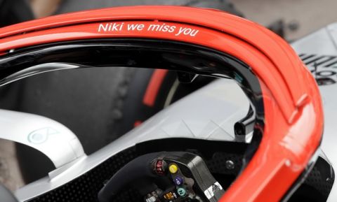The frase 'Niki will miss you' is written on the Mercedes driver Lewis Hamilton's car at the Monaco racetrack, in Monaco, Friday, May 24, 2019. The Formula one race will be held on Sunday. (AP Photo/Luca Bruno)
