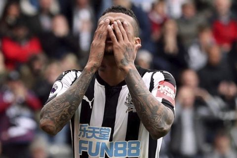 Newcastle United's Kenedy reacts to a missed chance to score, during the English Premier League soccer match between Newcastle and West Bromwich, at St James' Park, in Newcastle, England, Saturday April 28, 2018. (Owen Humphreys/PA  via AP)
