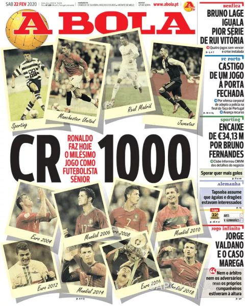 Εκπληκτικό πρωτοσέλιδο της A Bola για το 1.000ο ματς του Ρονάλντο