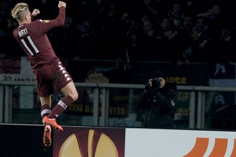 Torino' Maxi Lopez celebrates after scoring during the Europa League round of 32 soccer match between Torino and Athletic Bilbao at the Olympic stadium in Turin, Italy, Thursday, Feb. 19, 2015. (AP Photo/ Massimo Pinca)