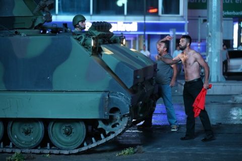 ANKARA, TURKEY - JULY 16 : People react against uprising attempt from within the army in Ankara, Turkey on July 16, 2016. (Photo by Sinan Yiter/Anadolu Agency/Getty Images)
