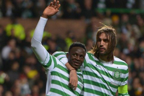 GLASGOW, SCOTLAND - NOVEMBER 07:  Victor Wanyama  of Celtic celebrates with team-mate Giorgos Samaras after scoring during the UEFA Champions League Group G match between Celtic and Barcelona at Celtic Park on November 7, 2012 in Glasgow, Scotland.  (Photo by Jeff J Mitchell/Getty Images)