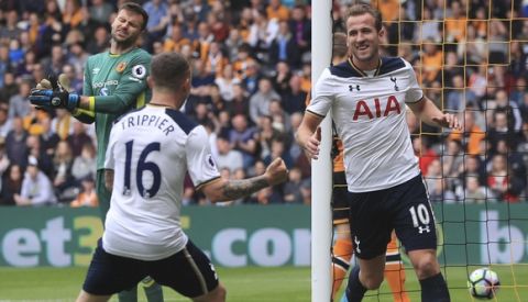 Tottenham Hotspur's Harry Kane, right, celebrates scoring his side's second goal against Hull City during the English Premier League soccer match at the KCOM Stadium, Hull, England, Sunday May 21, 2017. (Danny Lawson/PA via AP)
