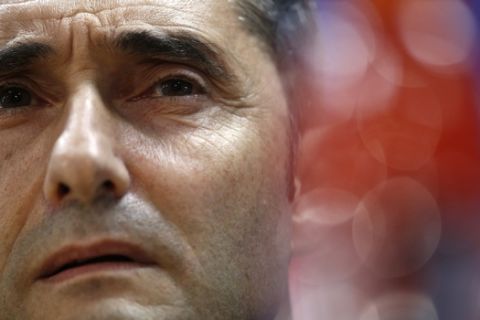 FC Barcelona's coach Ernesto Valverde attends a press conference at the Sports Center FC Barcelona Joan Gamper in Sant Joan Despi, Spain, Tuesday, Oct. 17, 2017. FC Barcelona will play against Olympiacos in a Champions League Group D soccer match on Wednesday. (AP Photo/Manu Fernandez)