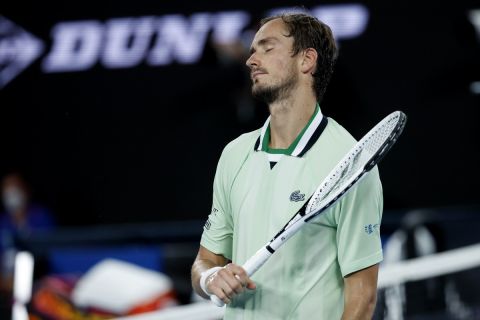Daniil Medvedev of Russia reacts during his match against Rafael Nadal of Spain in the men's singles final at the Australian Open tennis championships in Melbourne, Australia, Sunday, Jan. 30, 2022. (AP Photo/Hamish Blair)