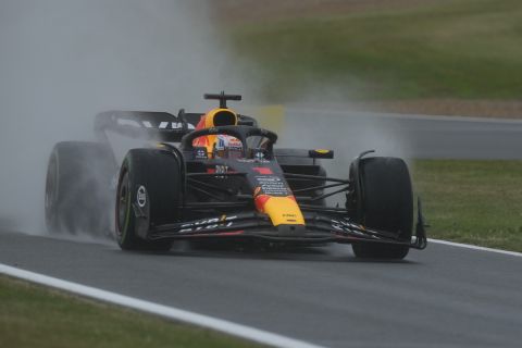 Red Bull driver Max Verstappen of the Netherlands steers his car during the third free practice at the British Formula One Grand Prix at the Silverstone racetrack, Silverstone, England, Saturday, July 8, 2023. The British Formula One Grand Prix will be held on Sunday. (AP Photo/Luca Bruno)