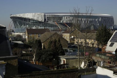 An exterior view shows work continuing on the new Tottenham Hotspur stadium in north London, Friday, Feb. 15, 2019. The newly constructed stadium is not yet ready to host any soccer matches. (AP Photo/Matt Dunham)