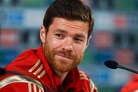 CURITIBA, BRAZIL - JUNE 15:  Xabi Alonso of Spain faces the media during a Spain press conference at Centro de Entrenamiento do Caju on June 15, 2014 in Curitiba, Brazil.  (Photo by David Ramos/Getty Images)
