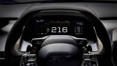 Like the glass cockpit in airplanes and race cars, the all-new Ford GT features an all-digital instrument display in the cars dashboard that quickly and easily presents information to the driver, based on five special driving modes.