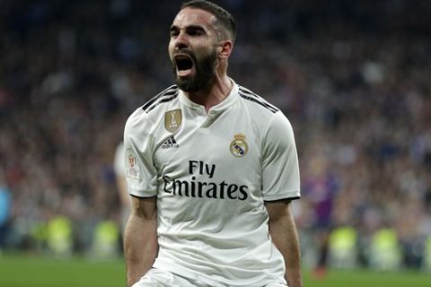 Real defender Dani Carvajal reacts during the Copa del Rey semifinal second leg soccer match between Real Madrid and FC Barcelona at the Bernabeu stadium in Madrid, Wednesday, Feb. 27, 2019. (AP Photo/Manu Fernandez)
