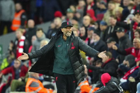 Liverpool's manager Jurgen Klopp reacts during the English Premier League soccer match between Liverpool and Manchester City at Anfield stadium in Liverpool, Sunday, Oct. 16, 2022. (AP Photo/Jon Super)