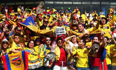 BELO HORIZONTE, BRAZIL - JUNE 14:  Colombia fans show support prior to the 2014 FIFA World Cup Brazil Group C match between Colombia and Greece at Estadio Mineirao on June 14, 2014 in Belo Horizonte, Brazil.  (Photo by Jeff Gross/Getty Images)