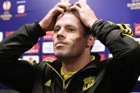 Liverpool defender James Carragher gestures during a press conference, in Naples, Italy, Wednesday, Oct. 20, 2010, before their Europa League Group K soccer match against Napoli on Thursday. (AP Photo/Salvatore Laporta)