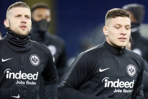 Eintracht Frankfurt's Luka Jovic, right, and Ante Rebic, left, attend a training session ahead of the Europa League round of 32, first leg soccer match between Eintracht Frankfurt and FC Shakhtar Donetsk in Kharkiv, Ukraine, Wednesday, Feb. 13, 2019. (AP Photo/Efrem Lukatsky)