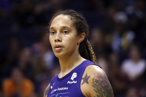 FILE - Phoenix Mercury center Brittney Griner pauses on the court during the second half of a WNBA basketball game against the Seattle Storm, Sept. 3, 2019, in Phoenix. The Biden administration has determined that Griner is being wrongfully detained in Russia, meaning the United States will more aggressively work to secure her release even as the legal case against her plays out, two U.S. officials said Tuesday, May 3, 2022.  (AP Photo/Ross D. Franklin, File)