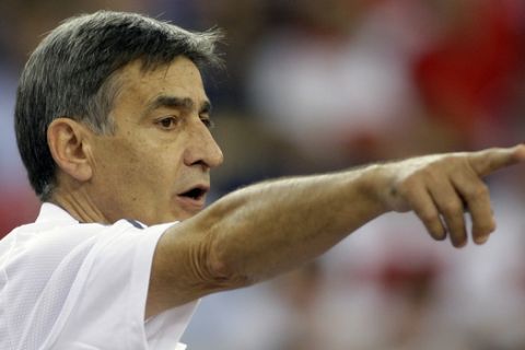 Turkey's coach Bogdan Tanjevic reacts during the EuroBasket 2009, European Basketball Championships group F match against Serbia in Lodz, Poland, Monday, Sept. 14, 2009. Turkey won the match 69-64 in over time. (AP Photo/Petr David Josek)
