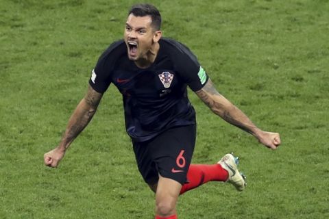Croatia's Dejan Lovren celebrates at the end of the semifinal match between Croatia and England at the 2018 soccer World Cup in the Luzhniki Stadium in Moscow, Russia, Wednesday, July 11, 2018. (AP Photo/Thanassis Stavrakis)