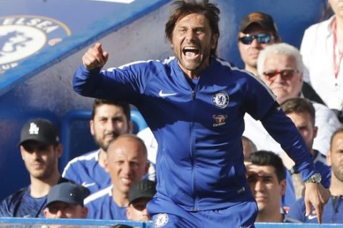 Chelsea coach Antonio Conte reacts during the English Premier League soccer match between Chelsea and Liverpool at Stamford Bridge stadium in London, Sunday, May 6, 2018. (AP Photo/Frank Augstein)