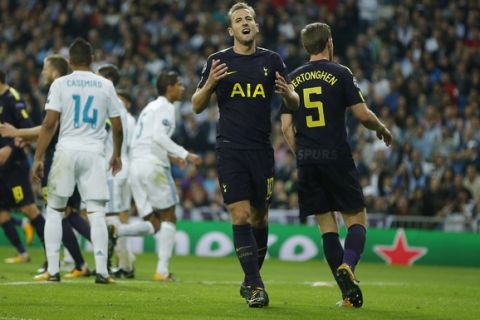 Tottenham's Harry Kane reacts during a Group H Champions League soccer match between Real Madrid and Tottenham Hotspur at the Santiago Bernabeu stadium in Madrid, Tuesday Oct. 17, 2017. (AP Photo/Paul White)