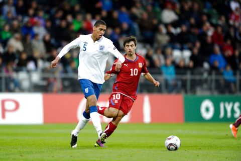 Chris Smalling of England (L) and Jan Moravek of Czech Republic vie for the ball during the UEFA Under-21 European Championship group B soccer match at the Viborg Stadium, on June 19, 2011. AFP PHOTO / SCANPIX DENMARK / HENNING BAGGER   ***DENMARK OUT*** (Photo credit should read HENNING BAGGER/AFP/Getty Images)