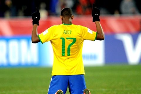 Brazil's Alef reacts after his team's 3-0 win over North Korea during their U20 soccer World Cup match in Christchurch, New Zealand, Sunday, June 7, 2015. (AP Photo/Ross Setford)