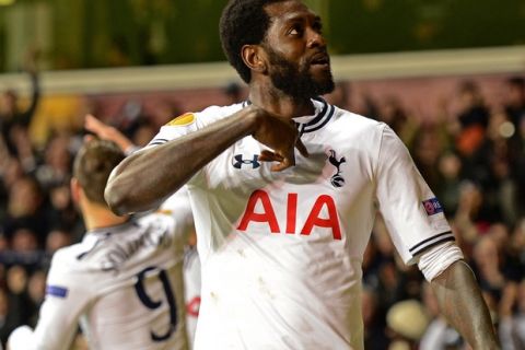 LONDON, ENGLAND - FEBRUARY 27:  Emmanuel Adebayor of Tottenham Hotspur celebrates after scoring a goal during the UEFA Europa League Round of 32 second leg match between Tottenham Hotspur and  FC Dnipro Dnipropetrovsk at White Hart Lane on February 27, 2014 in London, England.  (Photo by Jamie McDonald/Getty Images)