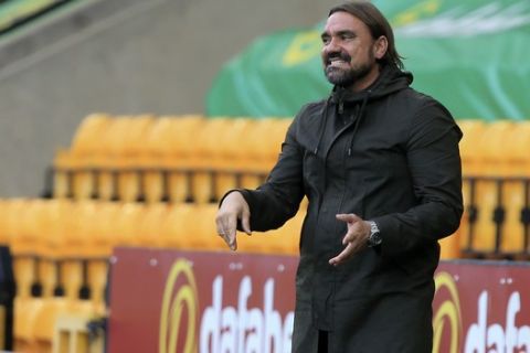 Norwich City's head coach Daniel Farke reacts during the English Premier League soccer match between Norwich City and Burnley at Carrow Road Stadium in Norwich, England, Saturday, July 18, 2020. (Lindsey Parnaby/Pool via AP)