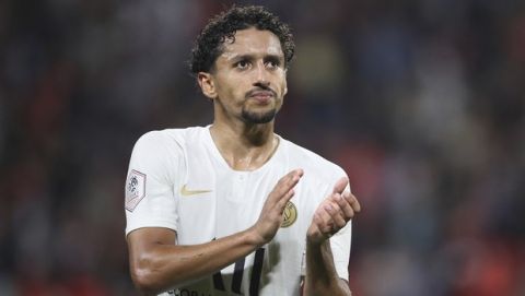 PSG's Marquinhos applauds spectators after the French League One soccer match between Rennes and Paris Saint Germain, in Rennes, Sunday, Aug. 18, 2019. Rennes won the match 2-1. (AP Photo/David Vincent)