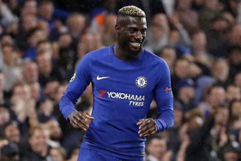 Chelsea's Tiemoue Bakayoko celebrates after scoring during the Champions League group C soccer match between Chelsea and Qarabag at Stamford Bridge stadium in London, Tuesday, Sept. 12, 2017. (AP Photo/Kirsty Wigglesworth)