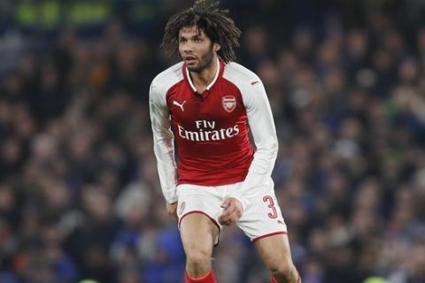 Arsenal's Mohamed Elneny during the English League Cup semifinal first leg soccer match between Chelsea and Arsenal at Stamford Bridge stadium in London, Wednesday, Jan. 10, 2018. (AP Photo/Kirsty Wigglesworth)