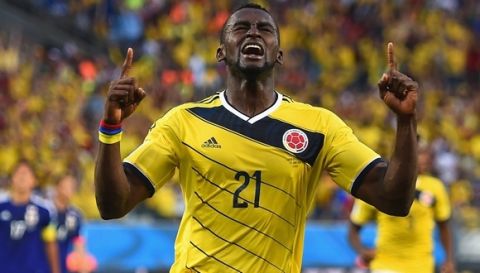 CUIABA, BRAZIL - JUNE 24:  Jackson Martinez of Colombia celebrates scoring his team's second goal during the 2014 FIFA World Cup Brazil Group C match between Japan and Colombia at Arena Pantanal on June 24, 2014 in Cuiaba, Brazil.  (Photo by Christopher Lee/Getty Images)