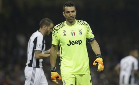Juventus goalkeeper Gianluigi Buffon stands during the Champions League final soccer match between Juventus and Real Madrid at the Millennium Stadium in Cardiff, Wales, Saturday June 3, 2017. (AP Photo/Tim Ireland)